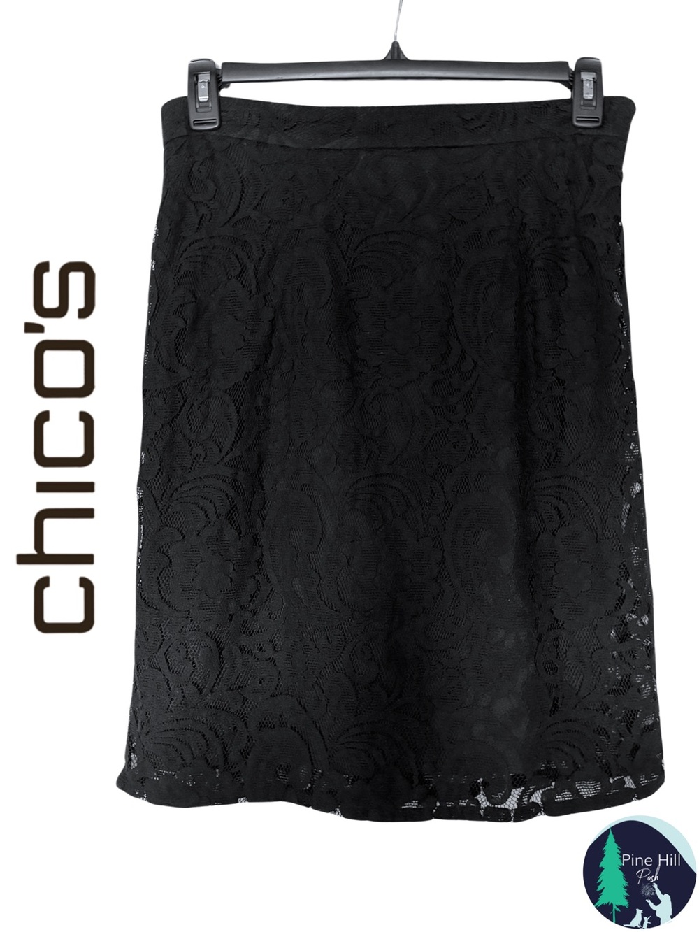 Chicos Lace Pencil Skirt Size 1 Womens Medium Black Knee Length Lined Stretch